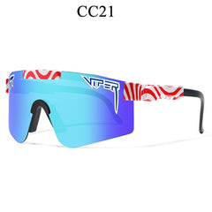 Stylish blue gradient shield sunglasses with red white patterned arms, perfect for fashion gifts