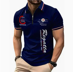 Men's navy blue vintage regatta polo shirt with nautical graphics and half-zip collar