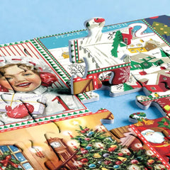 Christmas puzzle with vintage holiday scenes, Santa, tree, and snowy village for family gifts