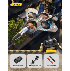 Remote control fighter jet drone with 2.4G controller, spare propellers, and USB charging cable for kids' gifts