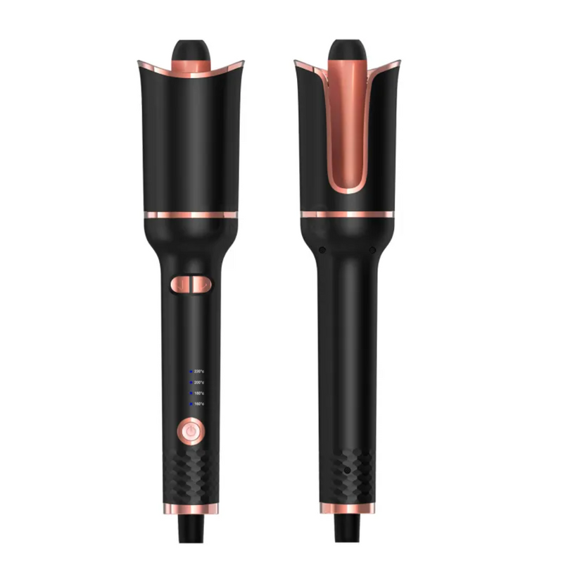 Black and rose gold automatic hair curler with digital temp control for stylish curls