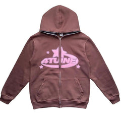Brown zip-up hoodie with pink '4TUNE' star graphic, kids' casual wear