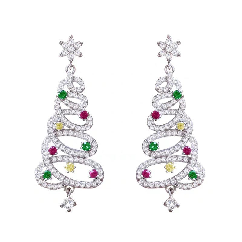 Sparkling Christmas tree earrings with colorful gemstones and diamond accents, perfect holiday gift