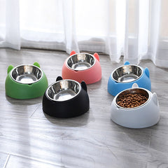 Colorful cat-shaped pet bowls with stainless steel inserts for food and water, perfect for cats and small dogs