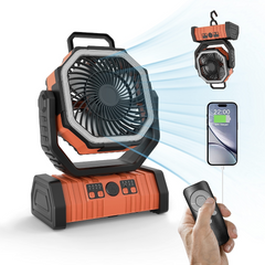 Portable rechargeable fan with remote control, USB charging, and hanging hook for outdoor or indoor use