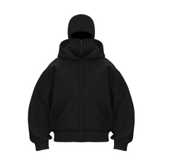 Black zip-up hoodie with hood and front pockets, cozy casual wear for everyday style