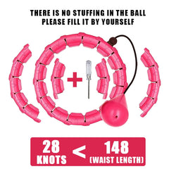 Pink 28-knot waist training belt with fillable ball, adjustable for 148cm waist, DIY assembly included