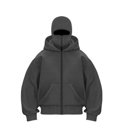 Black zip-up hoodie with hood and front pockets, stylish casual wear