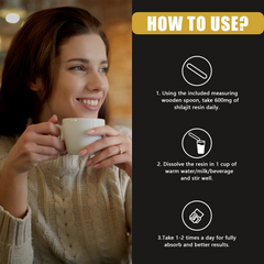 Woman enjoying warm drink with shilajit resin usage guide: measure, dissolve, take daily for wellness