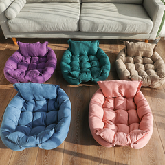 Cozy round pet beds in purple, teal, beige, blue, and pink, perfect for cats or small dogs on wooden floor