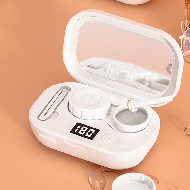 White contact lens case with digital timer, mirror, and cleaning tools for daily lens care