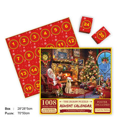 1008-piece Christmas fireplace jigsaw puzzle advent calendar with Santa, dog, and holiday decor
