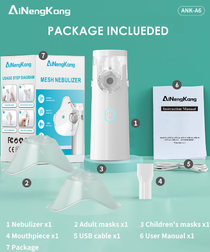 AiNengKang mesh nebulizer kit with adult & children’s masks, USB cable, and user manual for home respiratory care