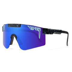 Blue mirrored shield sunglasses with galaxy speckle arms, stylish unisex eyewear for gifts