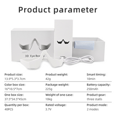 3D Eye Beauty massager with charging cable, cleaning cloth, and product specs for home relaxation