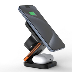 3-in-1 wireless charger for phone, watch, and earbuds, sleek black design with orange accent
