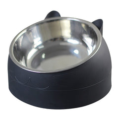 Stainless steel pet bowl with black silicone base and cat ear design