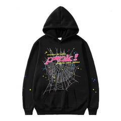 Black hoodie with pink 'POW!' graphic, spiderweb, and stars — fun gift for teens and adults