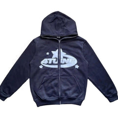 Navy blue kids zip-up hoodie with 4TUNE graphic, stars, and front pocket, perfect for casual wear