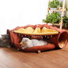 Cozy cat tunnel bed with festive lights, perfect for pet gifts and indoor play
