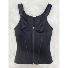 Black zip-front shapewear vest with adjustable straps for body contouring and support