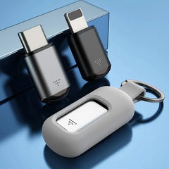 Compact USB-C and Lightning adapters with keychain case, ideal tech gifts for family