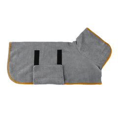 Gray pet drying coat with yellow trim and black straps for dogs after bath
