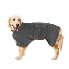 Golden retriever wearing gray dog drying coat with orange trim, perfect pet gift for families