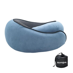 Blue travel neck pillow with black mesh panel and Nuvogue carry bag, perfect for comfortable journeys.