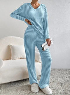 Light blue ribbed knit pajama set with V-neck top and wide-leg pants, cozy home loungewear