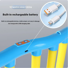 Blue and yellow kids' toy with built-in rechargeable battery, USB charging port, and control buttons