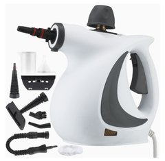 White handheld steam cleaner with attachments for home cleaning tasks