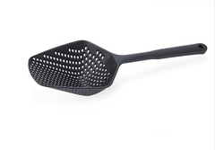 Black plastic slotted skimmer spoon for kitchen cooking and straining