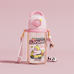 Pink kids water bottle with dinosaur sunshine design, cute cartoon character, and carry strap for children