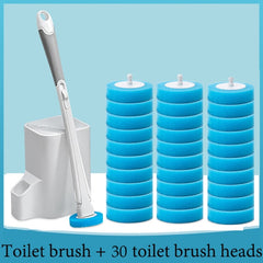 Toilet brush with holder and 30 replacement heads, blue sponge design for bathroom cleaning
