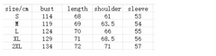 Size chart for clothing with measurements in cm for S to 2XL sizes