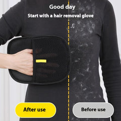 Hair removal glove before and after use, showing pet hair removal from black clothing