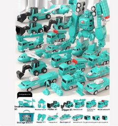 Teal transformable robot and vehicle toy set with digger, missile truck, and storage box for kids' play