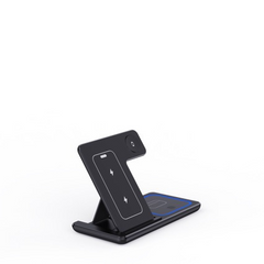 Black wireless charging stand with dual slots for phones and earbuds, sleek modern design