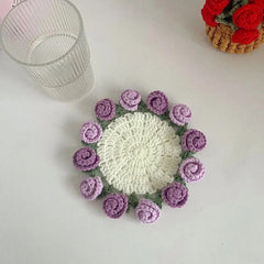 Handmade crochet coaster with purple roses, perfect gift for home decor or tea time