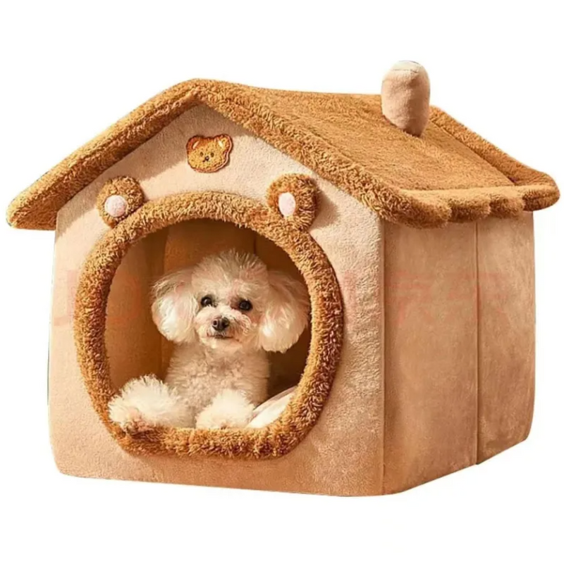 Cozy bear-themed dog house with fluffy white pup inside, perfect pet gift