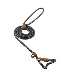 Black and white polka dot dog leash with brown leather handle and metal clasp, coiled on white background