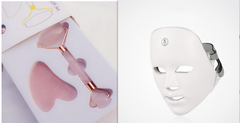 Rose quartz facial roller and gua sha set with LED face mask for skincare and relaxation