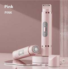 Pink electric facial hair remover for women, sleek design with dual heads and charging base