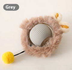 Grey fluffy cat toy with bunny ears and yellow pom-pom tail, perfect for playful pets