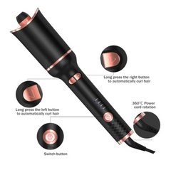 Automatic hair curler with 360° cord rotation, temp control, and auto curl buttons for effortless styling