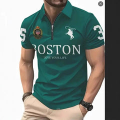 Green Boston polo shirt with 'Love Your Life' slogan, ideal for casual wear or gifts