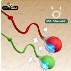 USB-C pet toy with red and green interactive balls, bone pattern background, Happy Tails brand