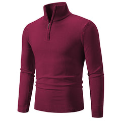 Burgundy men's quarter-zip sweater with ribbed collar and cuffs, cozy winter knitwear