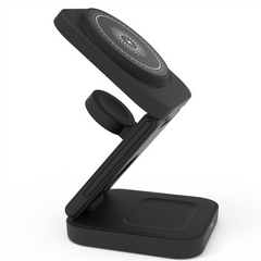 Black wireless charging stand for phone and watch, sleek modern design